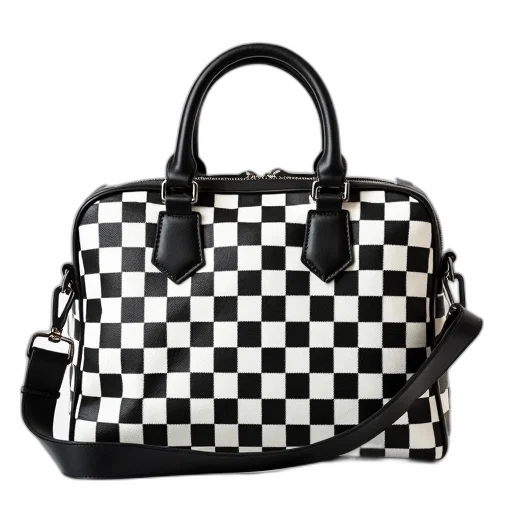 monochrome, black, white, checkered, handbag, silver, buckle, front transparent PNG cut-out