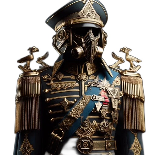 crown, robot, staff, jacket, 3d render, concept art, photorealistic, fantasy art transparent PNG cut-out