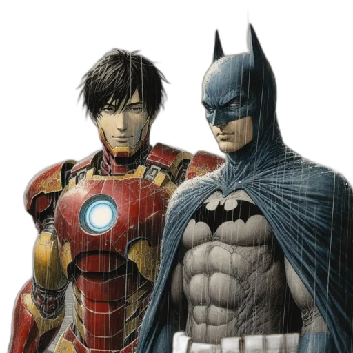 comic book art, concept art, fantasy art, iron, man, batman, stand, together transparent PNG cut-out