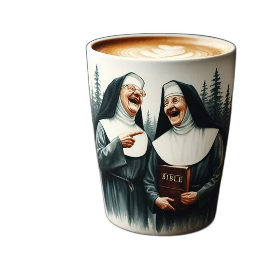 photorealistic, 3d render, ceramic, mug, adorned, illustration, two, laughing transparent PNG cut-out