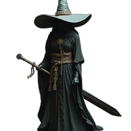 staff, hat, mask, sword, concept art, 3d render, fantasy art, dark transparent PNG cut-out