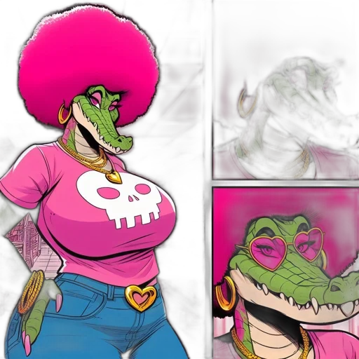 concept art, comic book art, cartoon, fantasy art, neon, anthropomorphic, crocodile, character transparent PNG cut-out