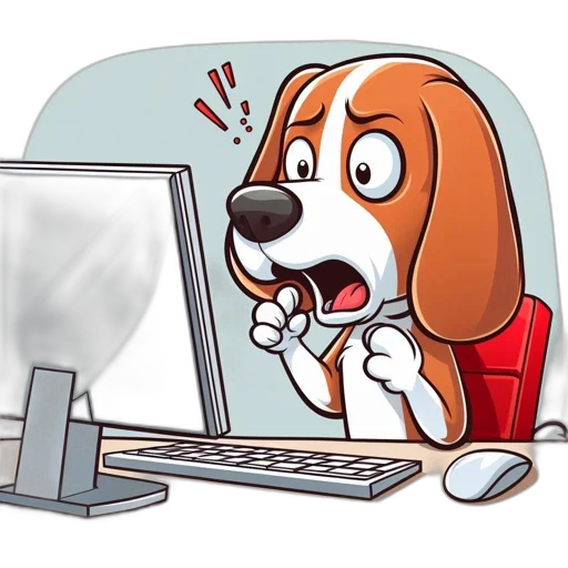 shocked, beagle, dog, sits, desk, before, computer, monitor transparent PNG cut-out