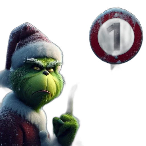 concept art, 3d render, grinch, dressed, santa, claus, stands, snowy transparent PNG cut-out