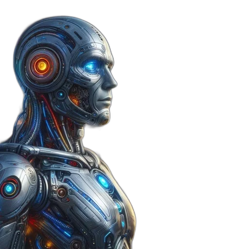 robot, concept art, 3d render, cyberpunk, futuristic, cityscape, overseeing, surrounded transparent PNG cut-out