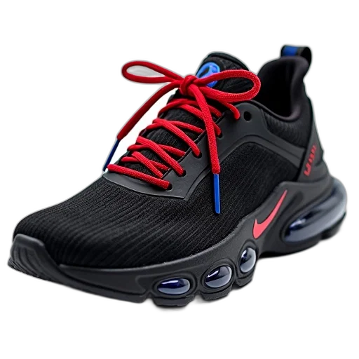 shoes, 3d render, close-up, black, sneaker, red, blue, laces transparent PNG cut-out