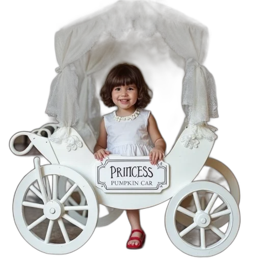photorealistic, young, girl, sitting, white, carriage, sign, reads transparent PNG cut-out