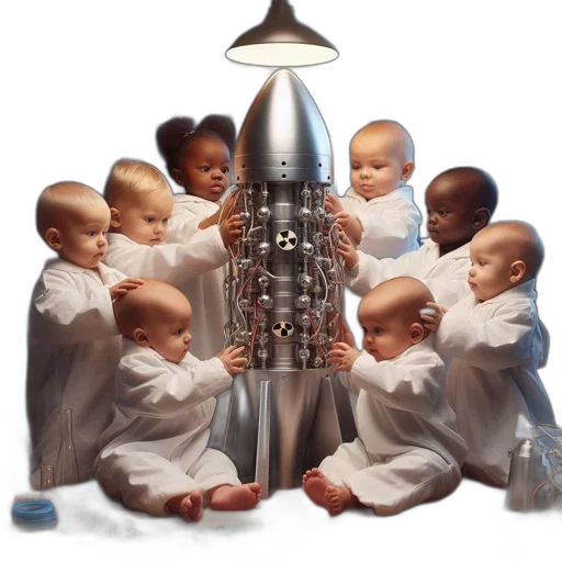robot, bottle, concept art, photorealistic, outer space, babies, interact, metallic transparent PNG cut-out