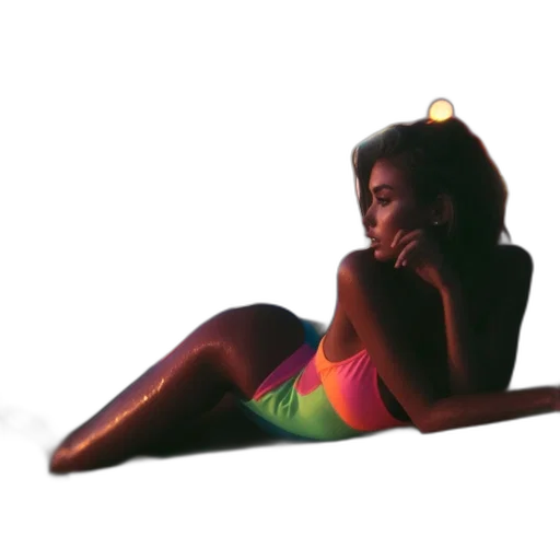 concept art, vaporwave, neon lights, neon, elegant, woman, reclines, surfboard transparent PNG cut-out