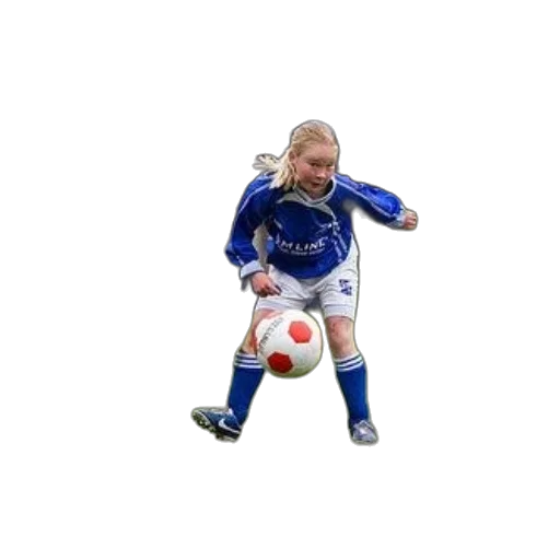 photorealistic, young, girl, blue, soccer, uniform, dribbles, ball transparent PNG cut-out