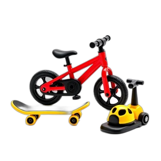 3d render, photorealistic, concept art, red, toy, bicycle, black, seat transparent PNG cut-out