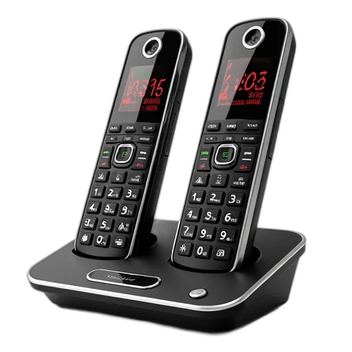3d render, pair, identical, black, cordless, phones, silver, accents transparent PNG cut-out