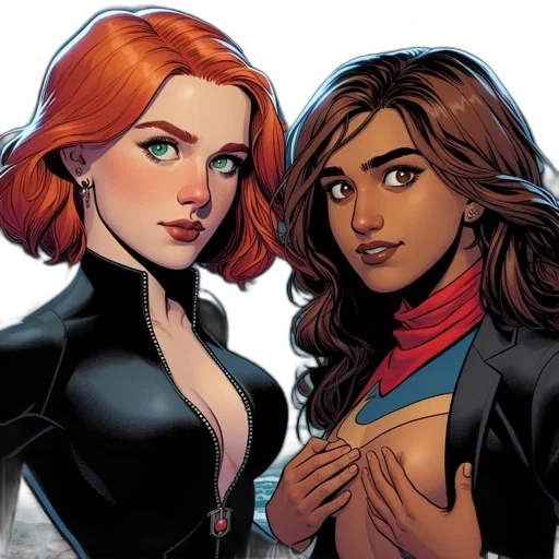 comic book art, concept art, two, female, animated, characters, red-haired, brown-haired transparent PNG cut-out