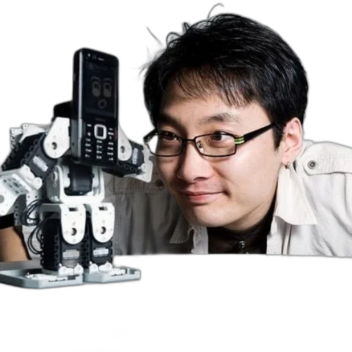 robot, staff, weapon, face, photorealistic, man, glasses, white transparent PNG cut-out