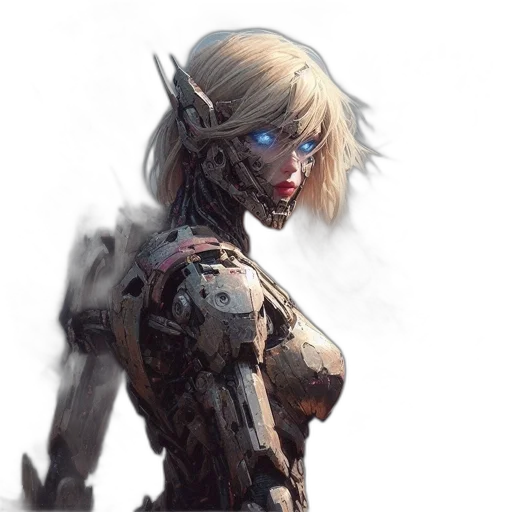 robot, face, weapon, concept art, fantasy art, cyberpunk, comic book art, dark transparent PNG cut-out