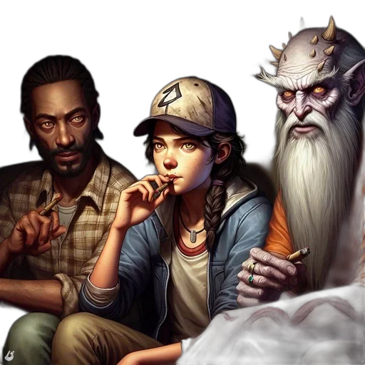 concept art, fantasy art, comic book art, photorealistic, fire, three, individuals, sit transparent PNG cut-out