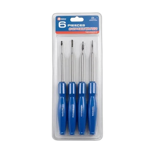set, six, screwdrivers, blue, silver, handles, displayed, plastic transparent PNG cut-out