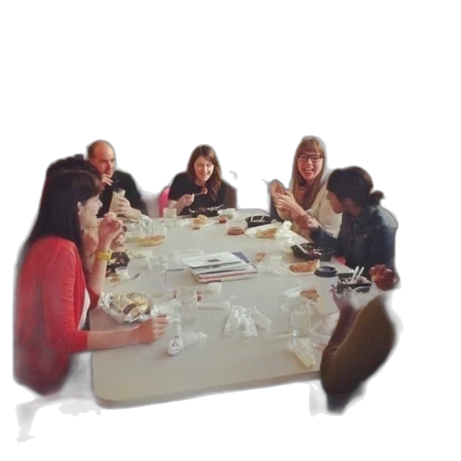 staff, group, people, sitting, around, table, eating, food transparent PNG cut-out