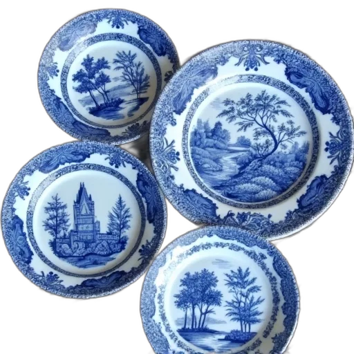 food, blue, set, four, white, porcelain, plates, intricate transparent PNG cut-out