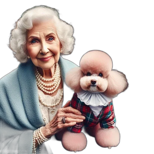 photorealistic, elderly, lady, smiles, while, petting, her, small transparent PNG cut-out