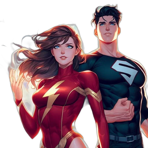 comic book art, concept art, two, stylized, superheroes, one, resembling, shazam transparent PNG cut-out