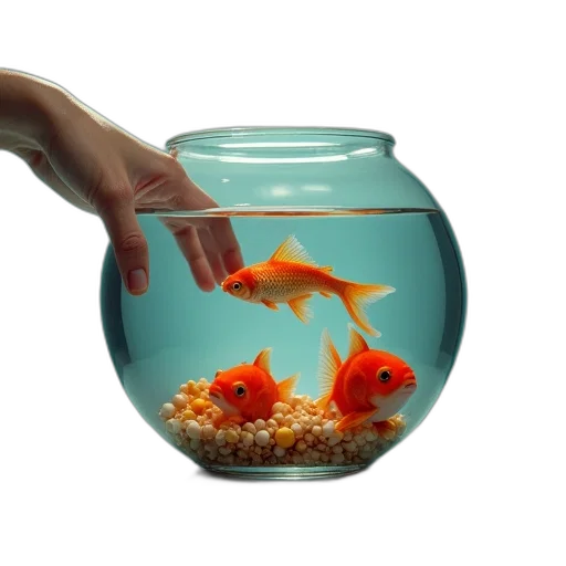 3d render, photorealistic, underwater, fire, fish, bowl, hand, holding transparent PNG cut-out