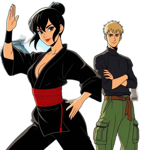 concept art, anime, comic book art, cartoon, two, characters, one, female transparent PNG cut-out
