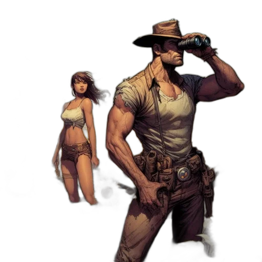 hat, weapon, concept art, comic book art, cyberpunk, fantasy art, beach, earth tones transparent PNG cut-out