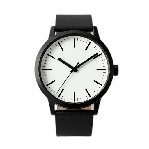 monochrome, black, wristwatch, white, dial, hour, markers, displayed transparent PNG cut-out