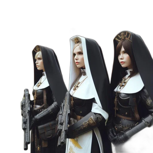 concept art, 3d render, fantasy art, photorealistic, three, women, nun-like, garb transparent PNG cut-out