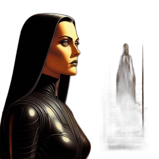 comic book art, concept art, fantasy art, photorealistic, woman, long, dark, hair transparent PNG cut-out
