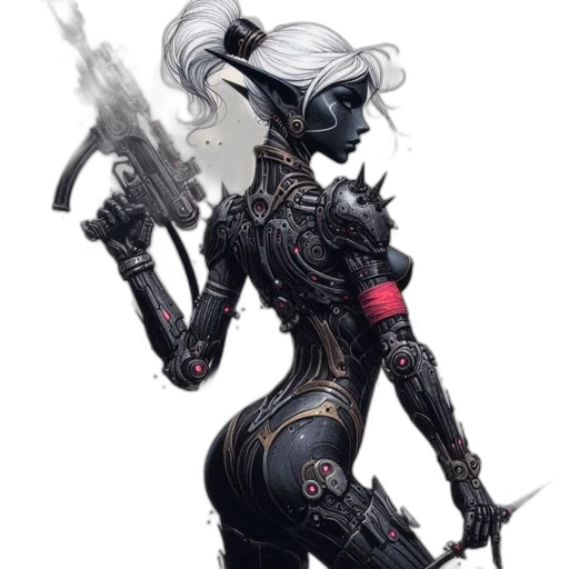 robot, weapon, staff, concept art, fantasy art, cyberpunk, comic book art, dark transparent PNG cut-out