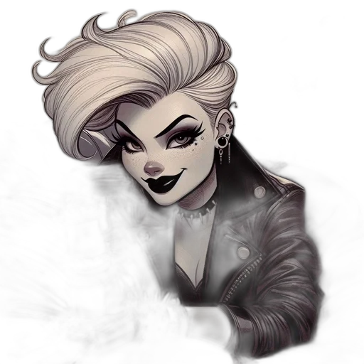 jacket, concept art, fantasy art, comic book art, cartoon, dark, monochrome, woman transparent PNG cut-out