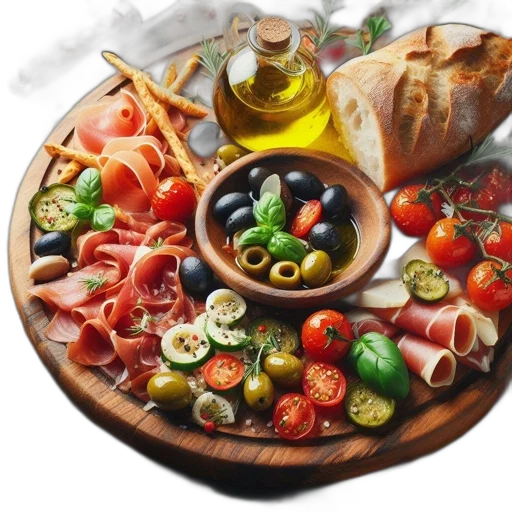 food, photorealistic, rustic, wooden, board, holds, variety, including transparent PNG cut-out