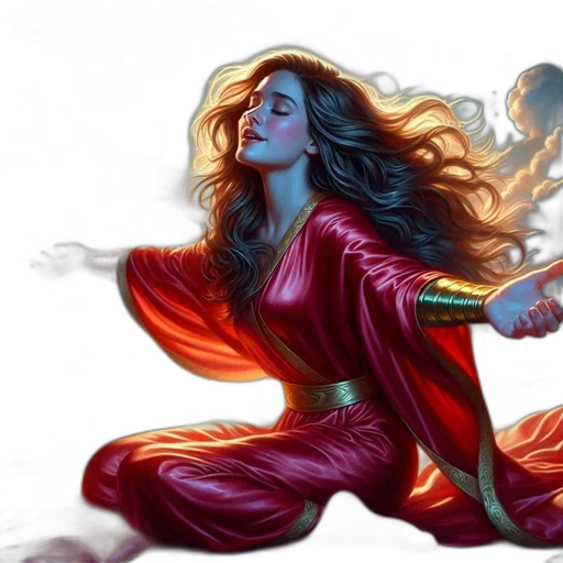 comic book art, concept art, fantasy art, fire, red, woman, robe, golden transparent PNG cut-out