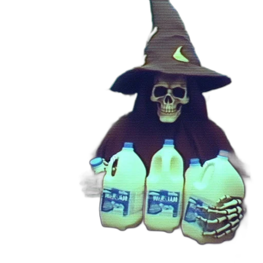 bottle, food, hat, jacket, vaporwave, eerie, skeletal, figure transparent PNG cut-out