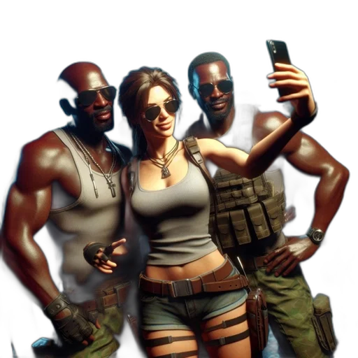 weapon, concept art, cyberpunk, comic book art, pixel art, three, characters, including transparent PNG cut-out