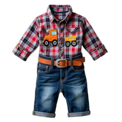 jacket, child, outfit, consisting, plaid, shirt, denim, jeans transparent PNG cut-out