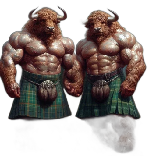 concept art, fantasy art, two, anthropomorphic, muscular, bulls, kilts, stand transparent PNG cut-out