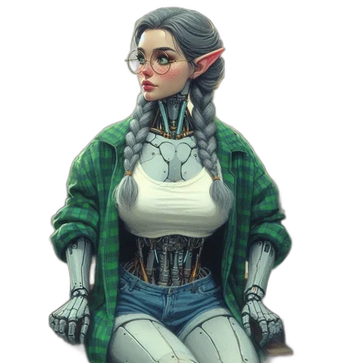 robot, jacket, staff, concept art, fantasy art, pixel art, comic book art, green transparent PNG cut-out