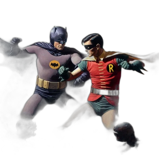 comic book art, concept art, 3d render, photorealistic, batman, robin, engage, combat transparent PNG cut-out