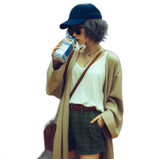 jacket, hat, bottle, staff, vaporwave, photorealistic, concept art, anime transparent PNG cut-out
