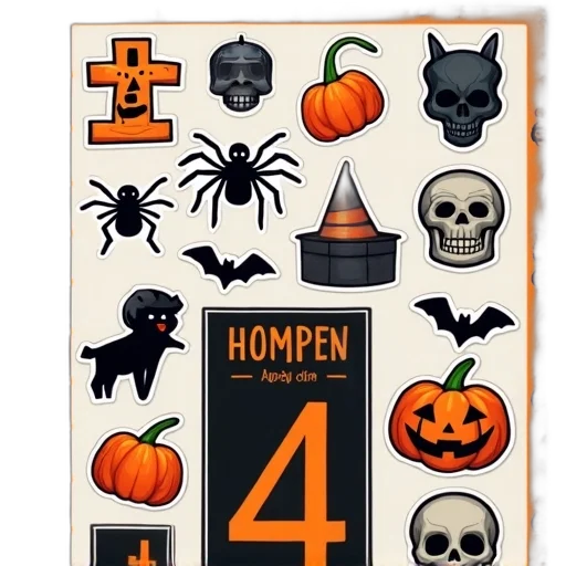 pixel art, collection, halloween-themed, stickers, displayed, grid, numbers, left transparent PNG cut-out