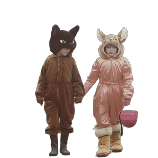 mask, concept art, 3d render, two, children, one, dressed, bear transparent PNG cut-out