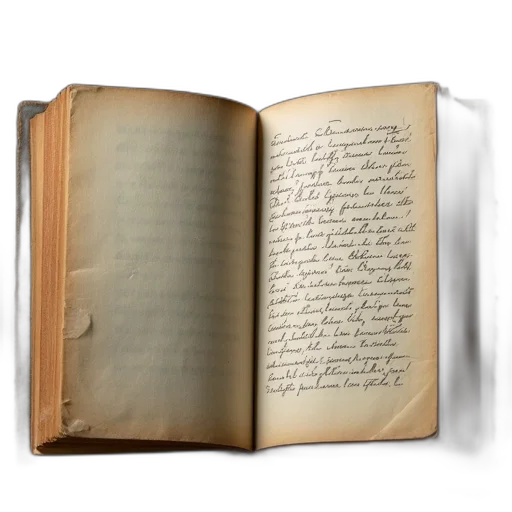 concept art, 3d render, photorealistic, open, aged, book, handwritten, text transparent PNG cut-out