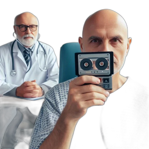 man, hospital, gown, holds, vintage, tape, recorder, close transparent PNG cut-out