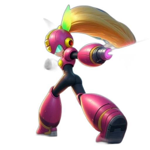 robot, weapon, staff, hair, concept art, 3d render, vaporwave, pixel art transparent PNG cut-out