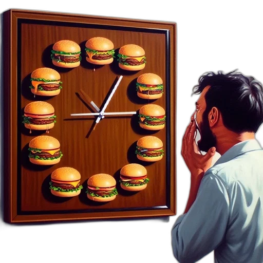 food, furniture, photorealistic, unusual, clock, hamburger, indicators, catches transparent PNG cut-out
