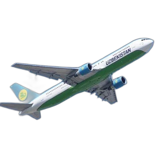 3d render, photorealistic, concept art, green, white, uzbekistan, airlines, airplane transparent PNG cut-out