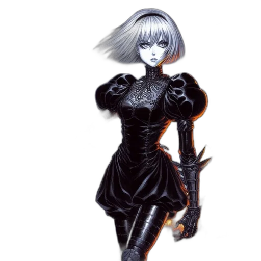 dress, robot, staff, concept art, fantasy art, comic book art, cyberpunk, monochrome transparent PNG cut-out